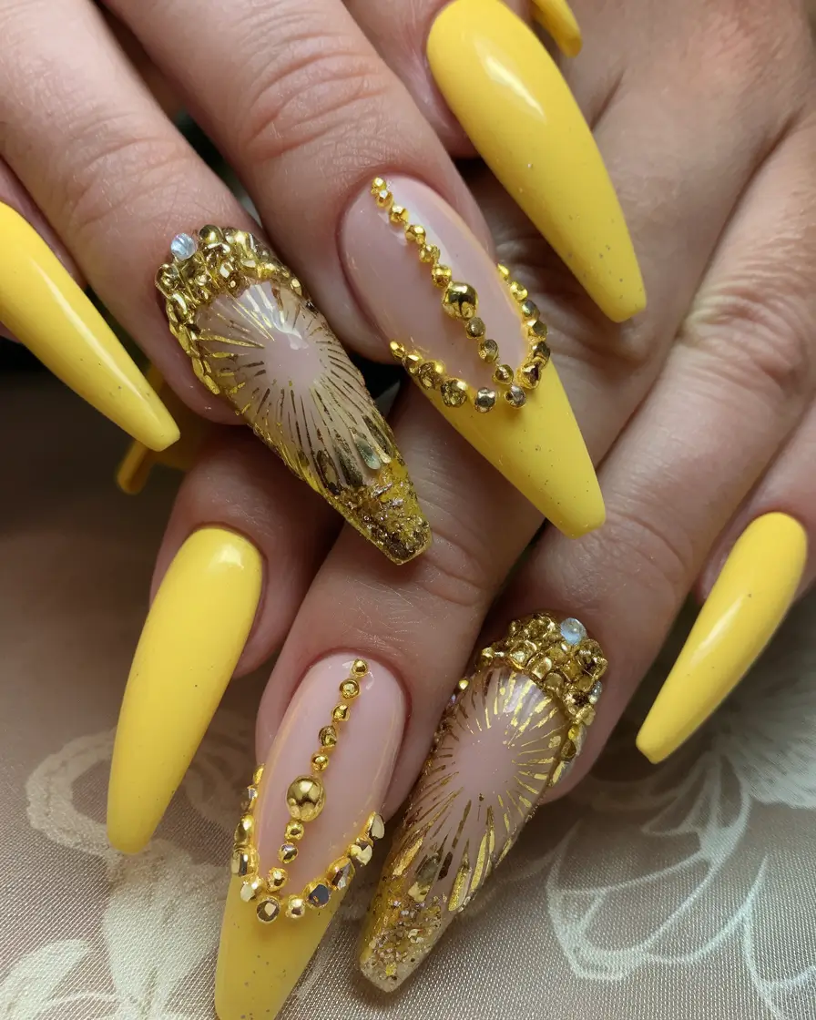 Yellow Nails That Scream Summer 2025 Golden Hour Glam with Rhinestone Radiance