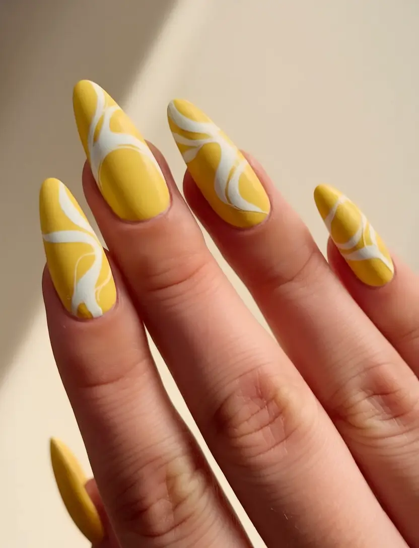 Yellow Nails That Scream Summer 2025 Retro Matte Waves in Yellow and White