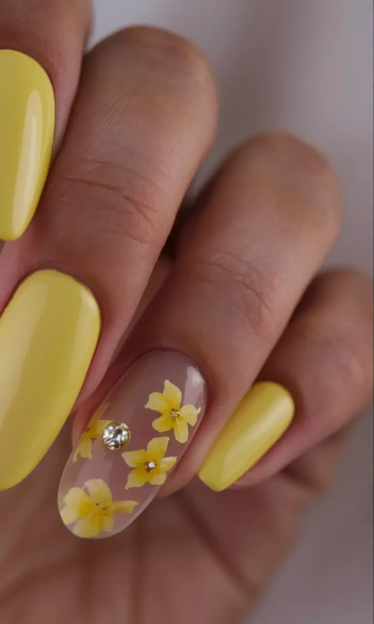 Yellow Nails That Scream Summer 2025 Pressed Flowers and Sparkles Forever