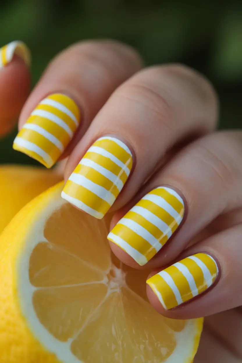 Yellow Nails That Scream Summer 2025 Lemonade Stripes with a Side of Sunshine