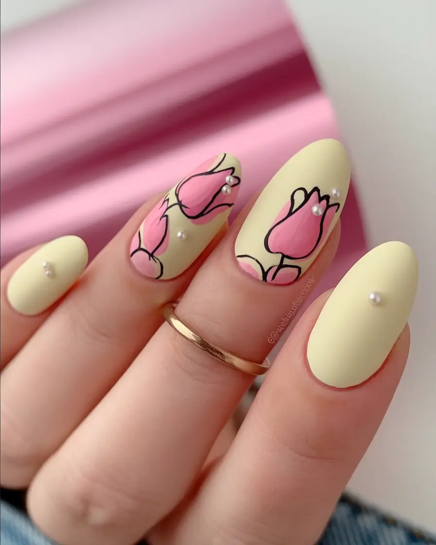 Yellow Nails That Scream Summer 2025 Pastel Pink Petals on Buttery Yellow