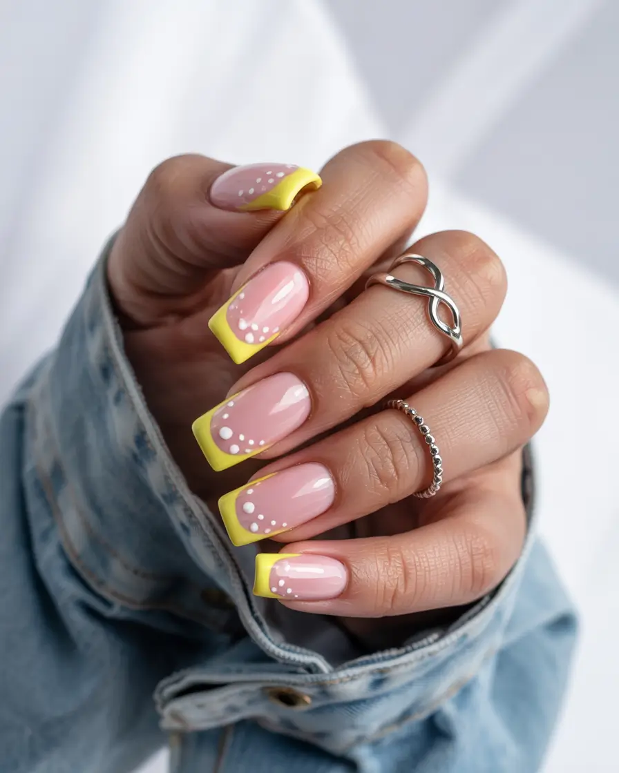Yellow Nails That Scream Summer 2025 Dotty Citrus French with a Retro Punch
