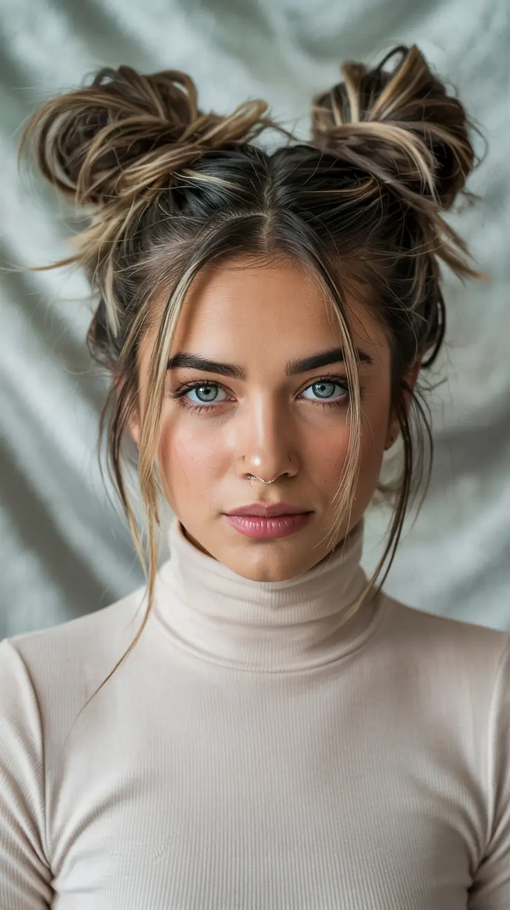 first day of school hairstyles 2025 Space Buns with Curtain Bangs