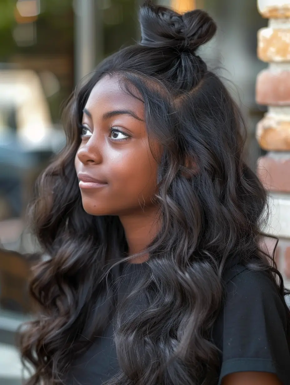 first day of school hairstyles 2025 Black Waves with Top Knot