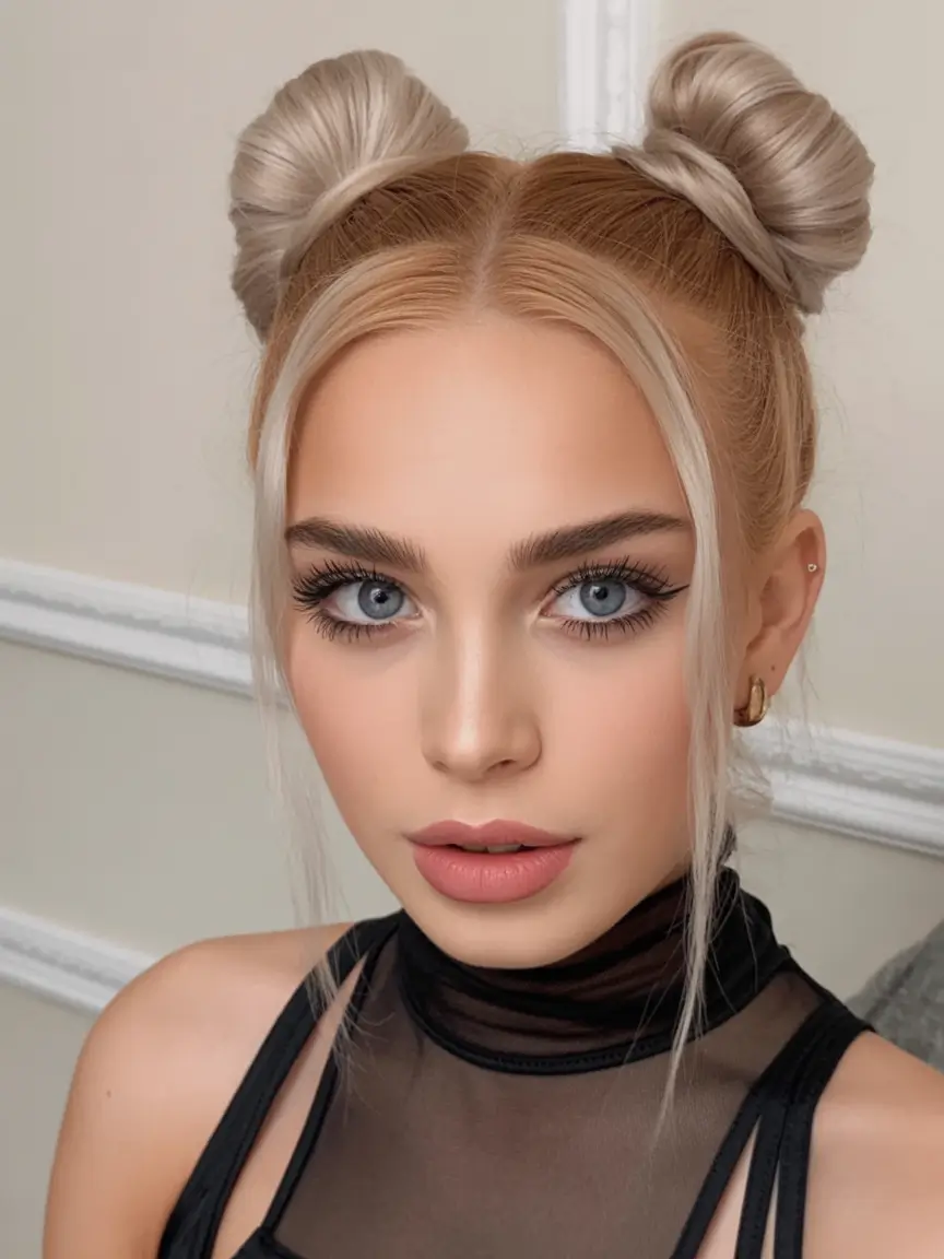 first day of school hairstyles 2025 Blonde Space Buns with Sleek Center Part