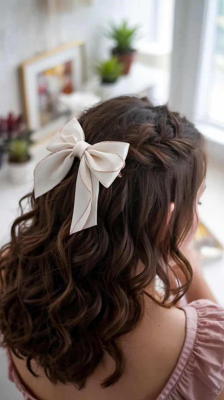 first day of school hairstyles 2025 Soft Curls with a Statement Bow
