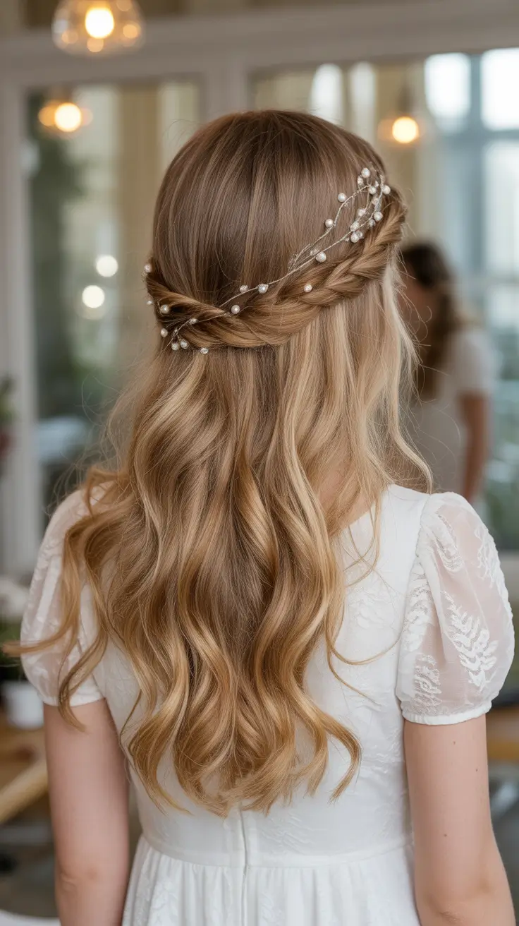 first day of school hairstyles 2025 Half-Up Twisted Crown with Pearl Accents