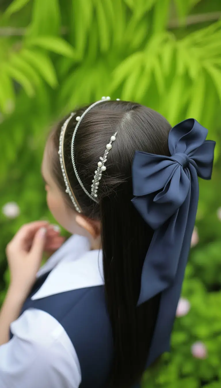 first day of school hairstyles 2025 Low Ponytail with Navy Bow and Pearl Headband