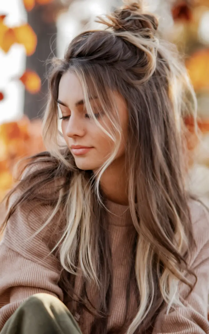 first day of school hairstyles 2025 Half-Up Knot with Autumn Highlights